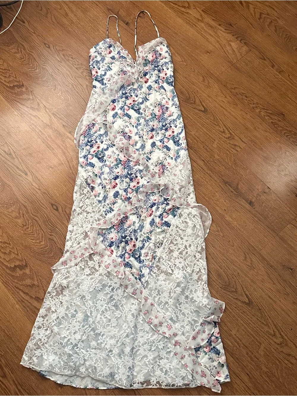 For Love & Lemons Blue Pink Floral Backless Lace Maxi Dress large Joselyn